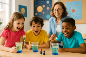 Niños de primaria haciendo un experimento casero con lámpara de lava