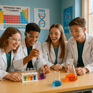 Experimentos para niños de secundaria con tubos de ensayo y reacciones químicas en clase